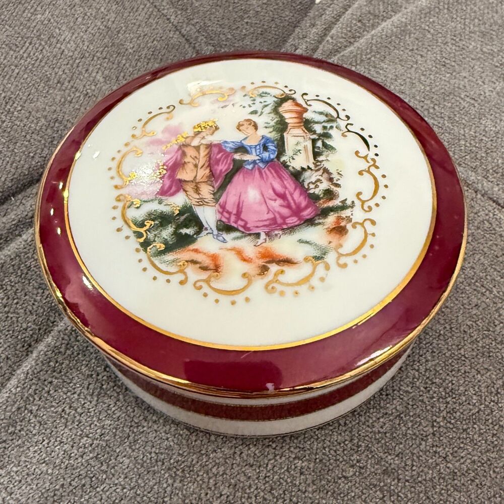 Vintage Dark Red Porcelain Trinket Box Empress By Haruta Victorian Couple Japan